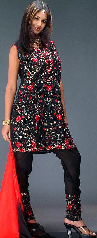 Black Floral Hand-Embroidered Suit