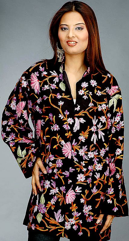 Black Floral Jacket from Kashmir with All-Over Aari Embroidery