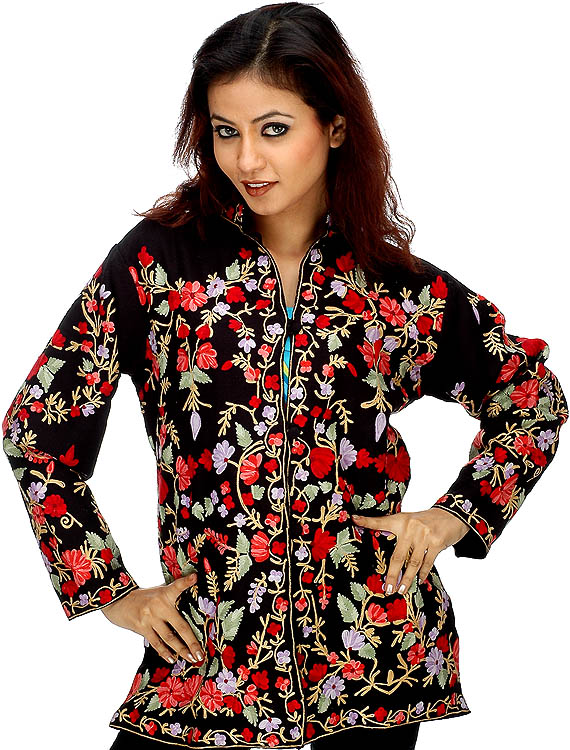 Black Floral Jacket from Kashmir with All-Over Aari Embroidery