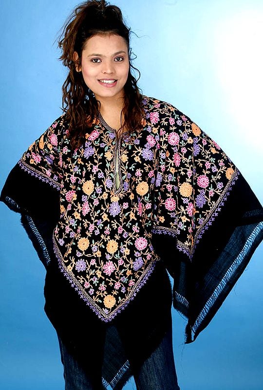 Black Floral Poncho with Aari Embroidery