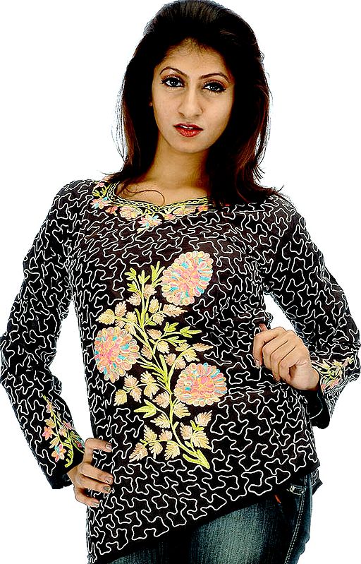 Black Floral Top from Kashmir with All-Over Embroidery