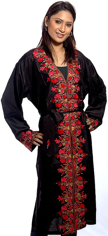 Black Front-Open Gown from Kashmir with Crewel-Embroidered Flowers