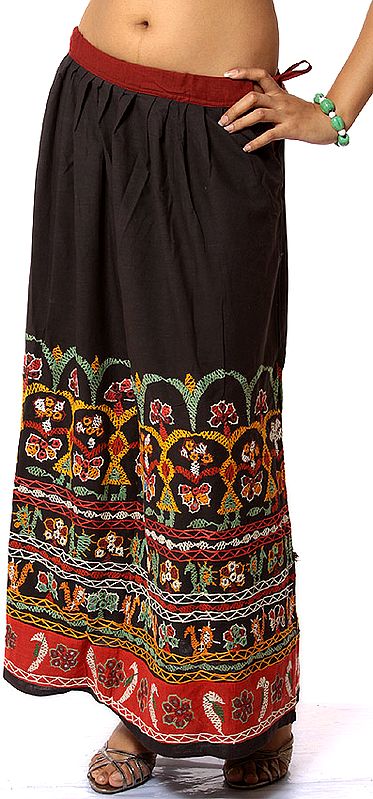 Black Hand-Embroidered Skirt from Kutchh with Mirrors