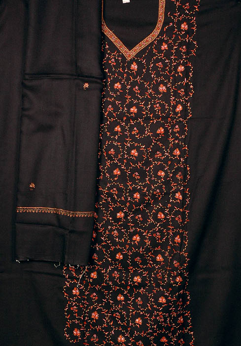 Black Hand-Embroidered Suit from Kashmir with Shawl