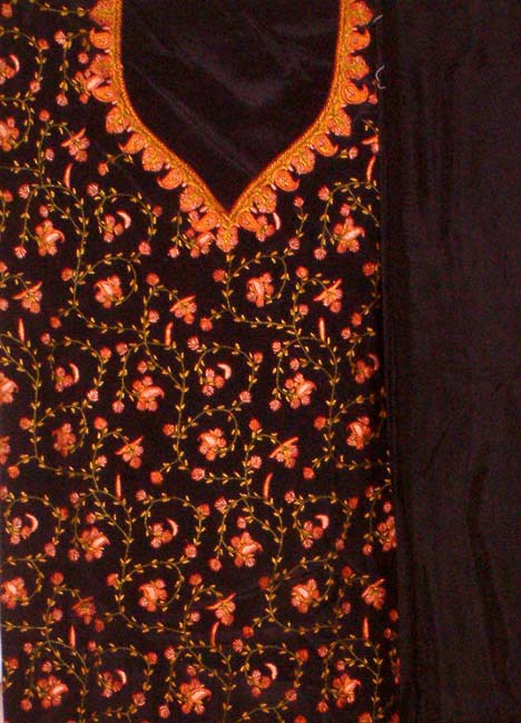 Black Handwoven Suit with all-over Hand-Embroidery from Kashmir