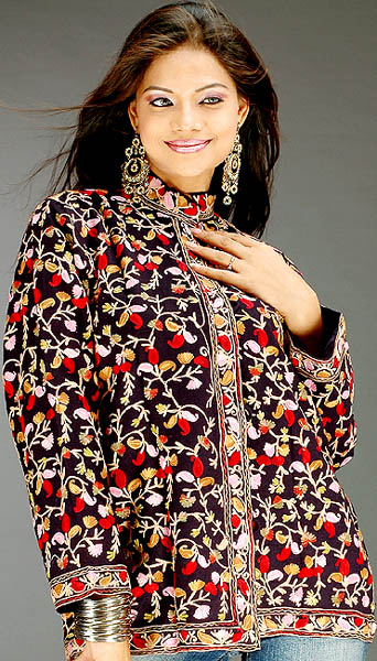 Black Jacket from Kashmir with All-Over Multi-Color Embroidery
