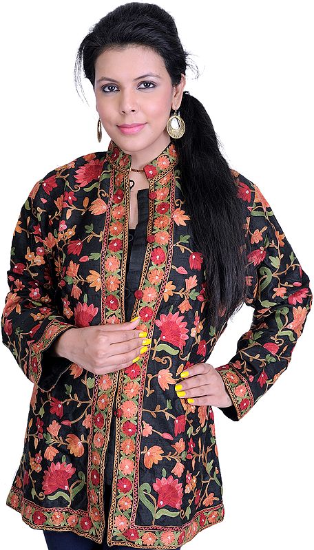 Black Jacket from Kashmir with Aari Embroidered Flowers All-Over