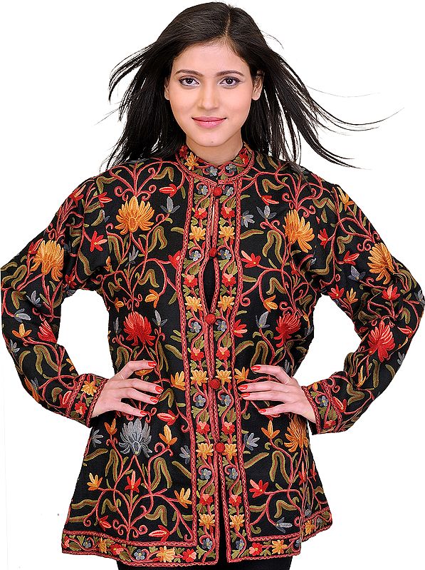 Black Jacket from Kashmir with Aari Embroidered Flowers by Hand