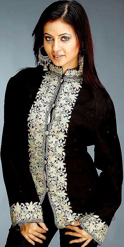 Black Jacket from Kashmir with Aari Embroidery on Borders