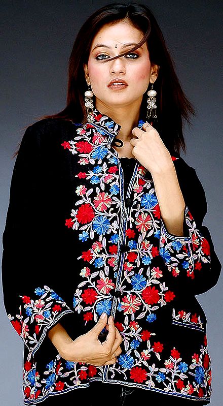 Black Jacket from Kashmir with Aari Embroidery on Borders