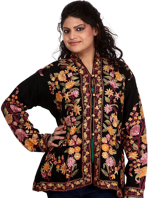 Black Jacket from Kashmir with Crewel Embroidered Flowers