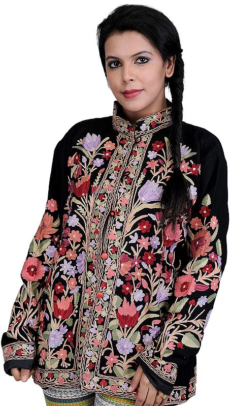 Black Jacket from Kashmir with Crewel Embroidered Flowers