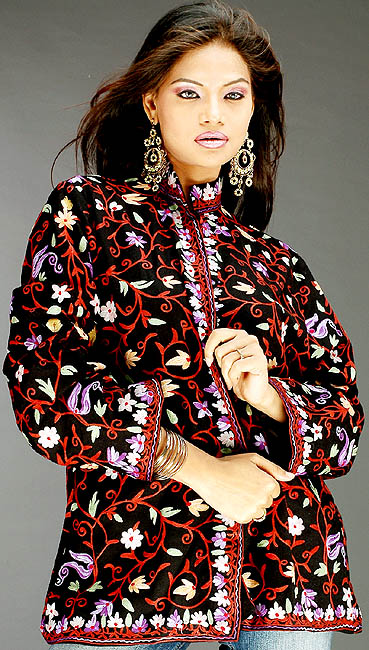 Black Jacket from Kashmir with Floral Aari Embroidery