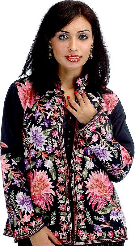 Black Jacket from Kashmir with Large Embroidered Flowers
