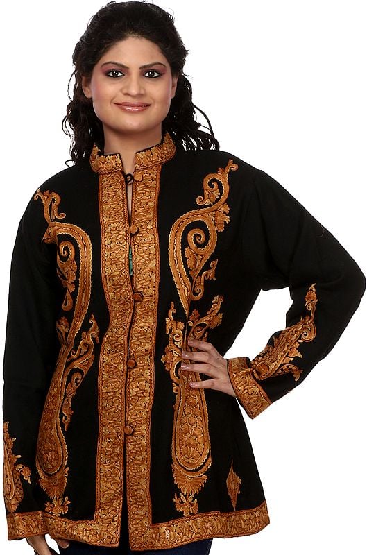 Black Jacket from Kashmir with Stylized Paisleys Embroidered by Hand
