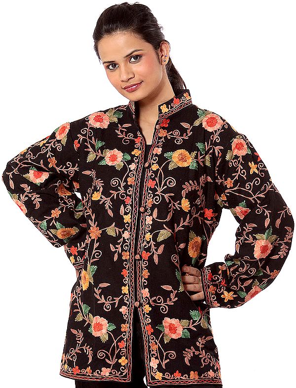 Black Jacket from Kashmiri with Aari Embroidered Flowers in Multi-Colored Thread