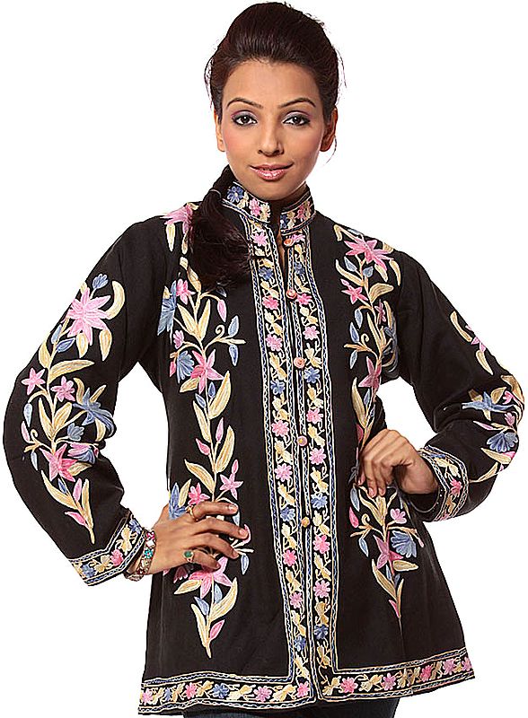 Black Jacket from Kashmiri with Tri-Colored Aari Embroidery