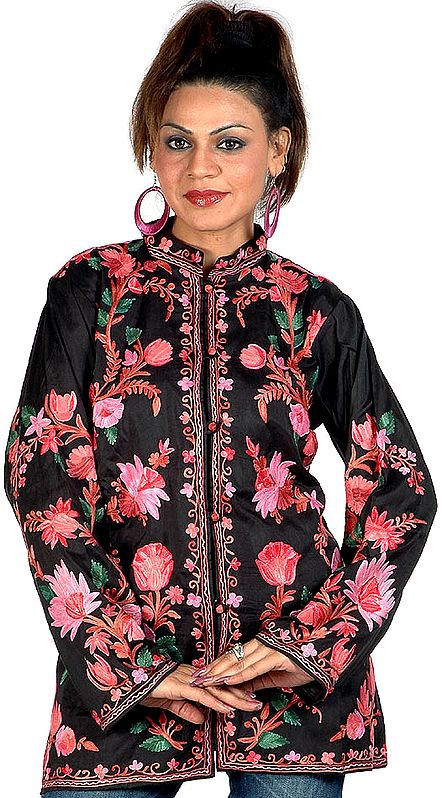 Black Jacket with Crewel Embroidered Tulips