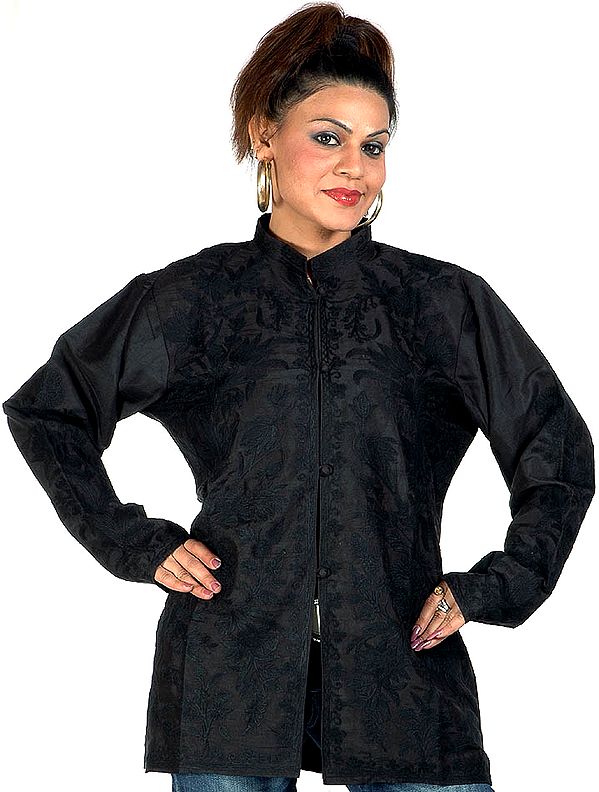 Black Jacket with Crewel Embroidery All-Over