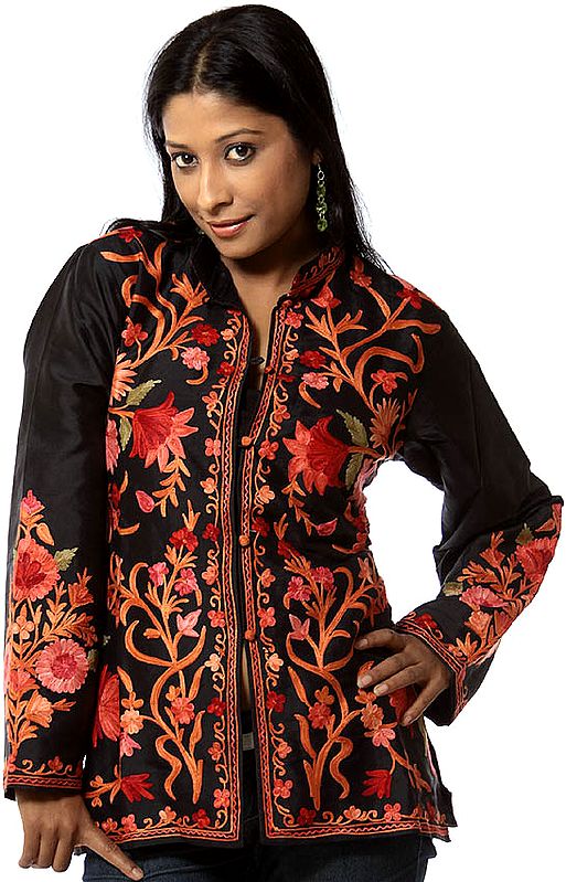 Black Jacket with Floral Embroidery All-Over