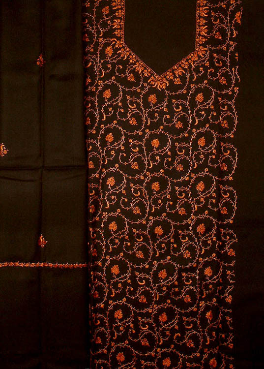 Black Jafreen Jaal Hand-Embroidered Suit from Kashmir with Shawl