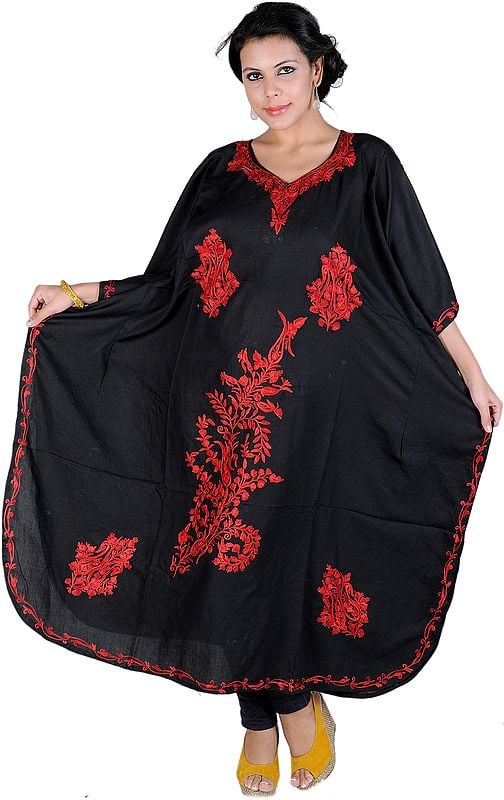 Black Kaftan from Kashmir with Aari Embroidered Paisleys in Red