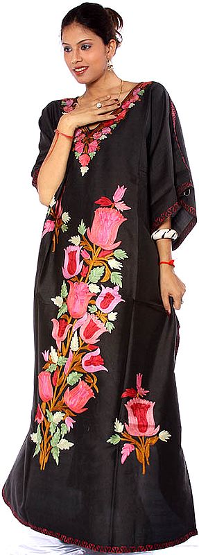 Black Kaftan from Kashmir with Crewel-Embroidered Tulips