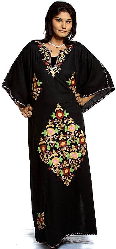 Black Kaftan from Kashmir with Floral Embroidery