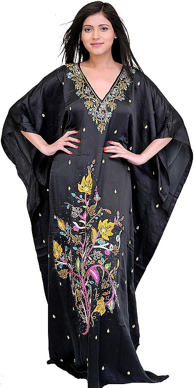 Black Kaftan with Embroidered Flowers and Stone Work by Hand