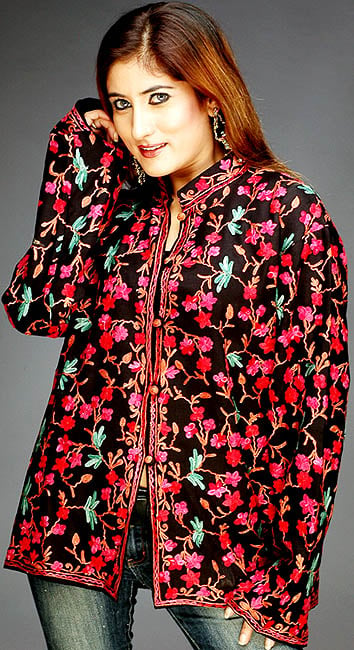 Black Kashmiri Jacket with All-Over Floral Embroidery
