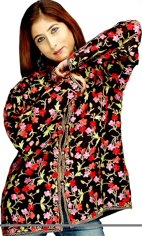 Black Kashmiri Jacket with All-Over Floral Embroidery