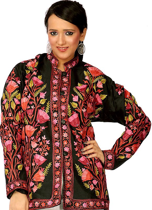 Black Kashmiri Jacket with Aari-Embroidered Flowers ALL-Over