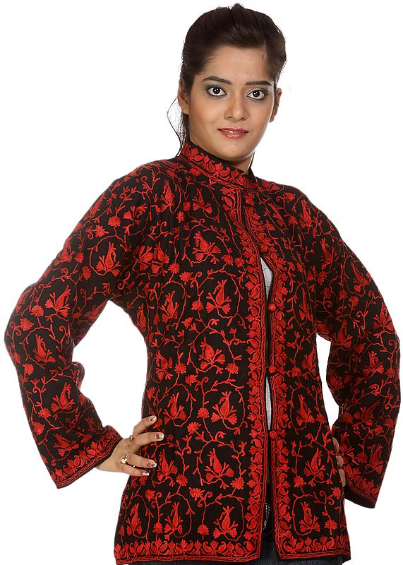 Black Kashmiri Jacket with Embroidered Paisleys in Red