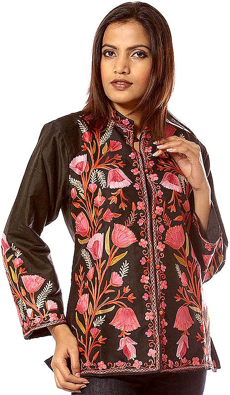 Black Kashmiri Jacket with Embroidered Tulips in Pink Thread