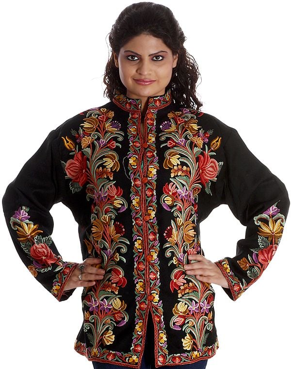 Black Kashmiri Jacket with Floral Embroidery by Hand
