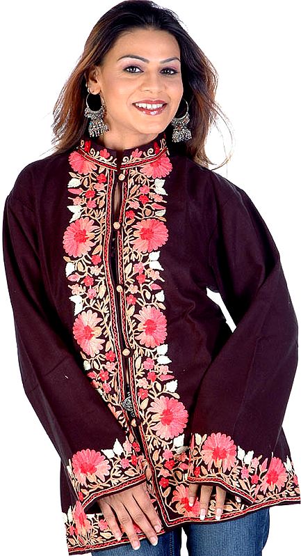 Black Kashmiri Jacket with Floral Embroidery on Border
