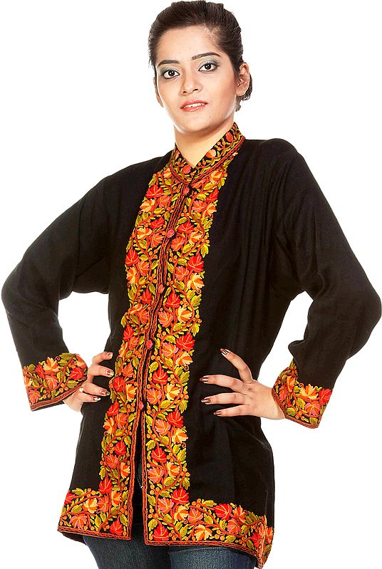 Black Kashmiri Jacket with Hand-Embroidered Chinar Leaves on Border