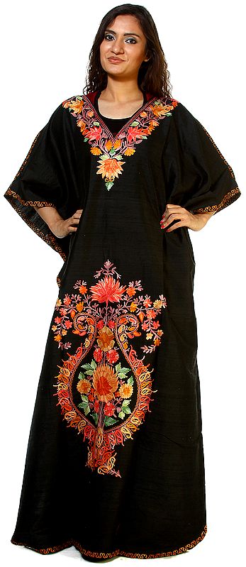 Black Kashmiri Kaftan with Crewel Embroidered Flowers