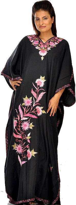Black Kashmiri Kaftan with Embroidered Flowers in Pink Thread