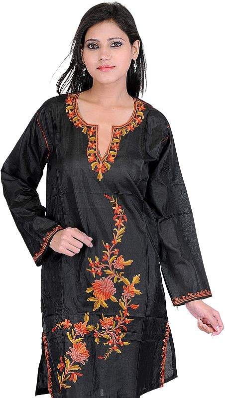 Black Kashmiri Kurti with Embroidered Flowers by Hand
