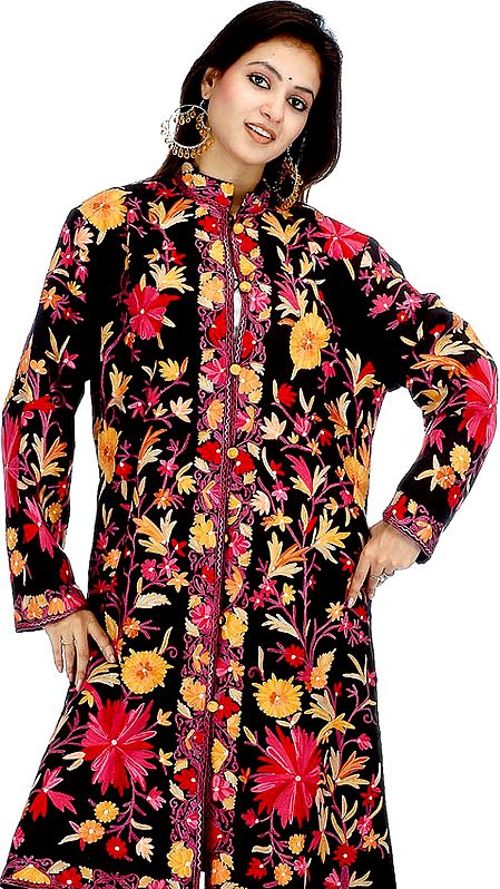 Black Kashmiri Long Jacket with All-Over Floral Embroidery
