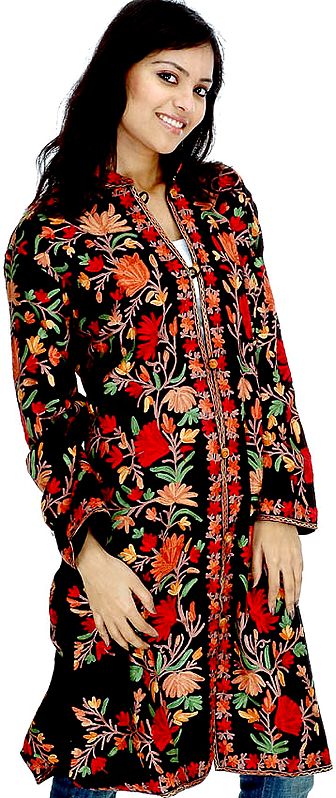 Black Kashmiri Long Jacket with Large Flowers