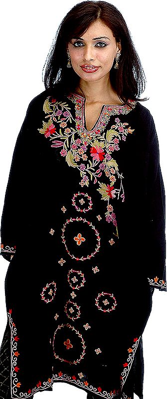 Black Kashmiri Phiran from Kashmir with Multi-Color Embroidery