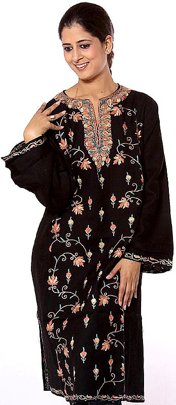 Black Kashmiri Phiran with Crewel Embroidery All-Over