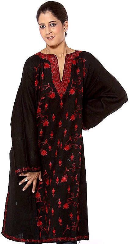 Black Kashmiri Phiran with Crewel Embroidery in Red