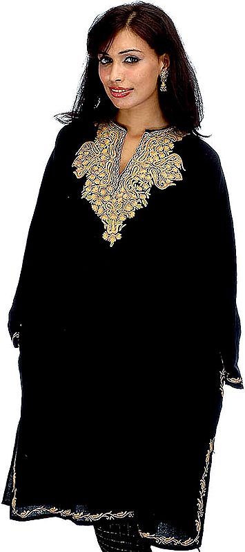 Black Kashmiri Phiran with Embroidery on Neck and Border