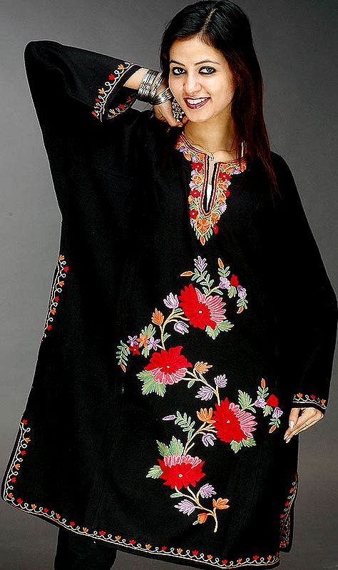 Black Kashmiri Phiran with Floral Embroidery