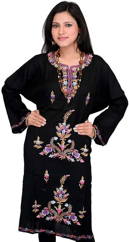 Black Kashmiri Phiran with Hand Embroidered Flowers