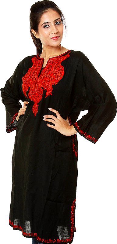 Black Kashmiri Phiran with Hand-Embroidery on Neck in Red