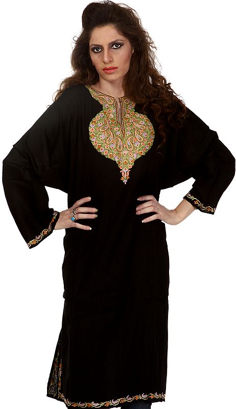 Black Kashmiri Phiran with Hand-Embroidery on Neck